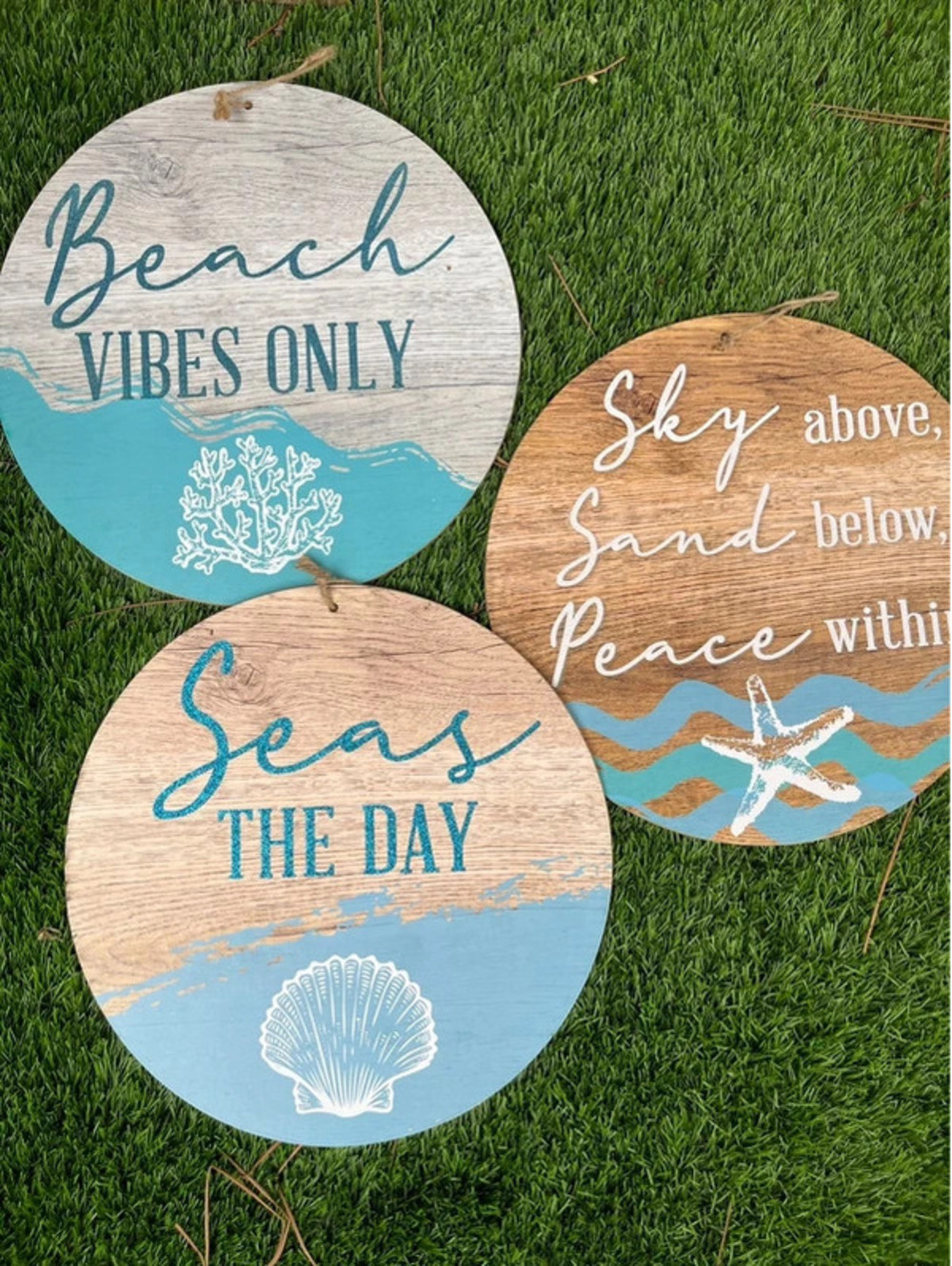 3 round beach wall art wooden